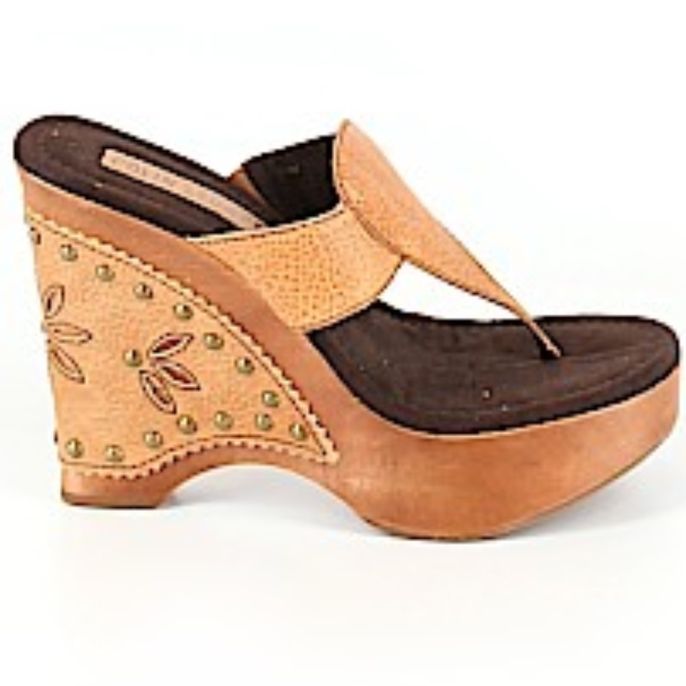 Colin Stuart Brown Leather Wood Wedge Sandals 8.5